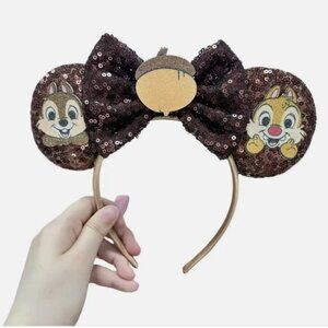 NEW Disney CHIP & DALE Mickey Mouse Ears Headband AACORN BOW Sequins